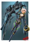  1girl ahoge black_bodysuit black_boots black_gloves bodysuit boots border breasts closed_mouth commentary_request cosmo_tiger dark-skinned_female dark_skin gloves grey_hair hair_between_eyes hand_up helmet highres holding holding_unworn_helmet looking_at_viewer mecha_pilot_suit medium_breasts outside_border red_eyes shirt short_hair smile solo spacecraft starfighter taiga_hiroyuki uchuu_senkan_yamato uchuu_senkan_yamato_2199 unworn_headwear unworn_helmet white_border white_shirt yamamoto_akira 