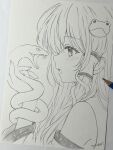  1girl animal art_tools_in_frame blush detached_sleeves frog_hair_ornament from_side greyscale hair_ornament hair_tubes highres holding holding_animal kochiya_sanae monochrome open_mouth photo_(medium) single_hair_tube snake snake_hair_ornament solo touhou traditional_media upper_body yuzugoori 