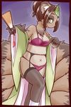  brown_hair canine clothed clothing fan female fox green_eyes hair hi_res japanese_clothing kimono kitsune leaf legwear looking_at_viewer mammal multiple_tails panties skimpy snakehunter solo stockings tail tanuki teasing underwear 