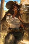 1girl artist_name belt black_pants brown_hair brown_hat brown_poncho buckle building chaps cigarette commentary cowboy_hat cowboy_western dark-skinned_female dark_skin gun handgun hat highres holster holstered itslaghy long_hair long_sleeves original pants parted_lips poncho shirt shirt_tucked_in sleeves_rolled_up smoke smoking solo weapon white_shirt 