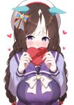  1girl animal_ears beret blush bow bowtie box braid breasts brown_hair commentary_request ear_bow ear_covers gift gift_box hat heart-shaped_box highres hokko_tarumae_(umamusume) holding holding_box horse_ears horse_girl horseshoe_ornament large_breasts long_hair looking_at_viewer low_twin_braids miya_(m9kl) multicolored_hair orange_bow purple_eyes purple_sailor_collar purple_shirt sailor_collar sailor_shirt school_uniform shirt simple_background solo streaked_hair tracen_school_uniform twin_braids umamusume upper_body white_background white_bow white_bowtie white_hat white_streaks 