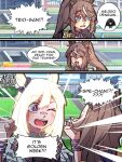  2girls animal_ears blue_eyes commentary english_commentary glowing glowing_hair golden_week hair_ornament highres horse_ears horse_girl multiple_girls one_eye_closed purple_eyes smile special_week_(special_dreamer)_(umamusume) special_week_(umamusume) toastercastles tokai_teio_(peak_joy)_(umamusume) tokai_teio_(umamusume) tongue umamusume watermark 