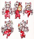  1girl absurdres bow closed_mouth collared_shirt commentary_request deformed fire fujiwara_no_mokou full_body grey_hair hair_bow hand_in_pocket highres kabaji long_hair looking_at_viewer multiple_hair_bows multiple_views ofuda ofuda_on_clothes one_eye_closed open_mouth pants pyrokinesis red_eyes red_pants red_shoes shirt shoes smile suspenders touhou traditional_media very_long_hair white_shirt 