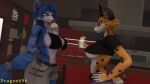 anthro between_breasts beverage big_breasts breasts canid canine clothed clothing dragonaurix drinking drinking_straw duo ear_piercing eye_contact felid feline female female/female food fox fruit hand_behind_back hand_on_hip hi_res inside jealous juice kitchen krystal_(star_fox) lemon looking_at_another lynx mammal milkshake miyu_(star_fox) navel nintendo on_breasts piercing plant smile smirk standing star_fox sucking teasing