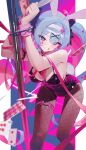  1girl absurdres animal_ear_hairband animal_ears bare_shoulders black_leotard blue_eyes blue_hair blush breasts card commentary_request cuffs facial_mark fake_animal_ears fishnet_pantyhose fishnets hair_ornament hairband hatsune_miku highres leotard long_hair looking_at_viewer medium_breasts modare pantyhose pink_pupils playboy_bunny playing_card pole rabbit_ear_hairband rabbit_ears rabbit_hole_(vocaloid) smile solo stripper_pole teardrop_facial_mark thigh_strap twintails vocaloid x_hair_ornament 