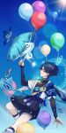  1boy ahoge anemo_symbol_(genshin_impact) aranara_(genshin_impact) ararycan_(genshin_impact) arm_at_side armor balloon belt black_belt black_bodysuit black_bow black_bridal_gauntlets black_hair black_shorts blue_cape blue_eyes blue_gem blue_halo blue_sky blue_sleeves blunt_ends body_markings bodysuit bow bridal_gauntlets cape clear_sky closed_mouth commentary_request covered_collarbone eyeliner feathers flying furisode gem genshin_impact glowing_markings gold gold_ring hakama hakama_shorts halo halo_behind_head hand_up highres japanese_armor japanese_clothes kimono kote kurokote layered_sleeves leg_warmers lens_flare makeup male_focus mandala middle_ring pleated_shorts pom_pom_(clothes) purple_rope purple_sash rainbow red_eyeliner rope sash scaramouche_(genshin_impact) short_sleeves shorts shoulder_peek side_cape sideways_mouth sky smile sun tsurime twitter_username wanderer_(genshin_impact) white_leg_warmers white_sleeves white_trim yellow_feathers yozora_9089 