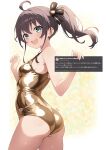  1girl absurdres ahoge alternate_costume ass blue_eyes breasts brown_hair curio_(curiofinity) gold_one-piece_swimsuit highres hololive long_hair looking_at_viewer natsuiro_matsuri one-piece_swimsuit open_mouth ponytail sideboob small_breasts solo swimsuit teeth twitter upper_teeth_only virtual_youtuber 