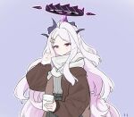  black_halo black_horns blue_archive chinese_commentary commentary_request demon_girl demon_horns halo hina_(blue_archive) horns multiple_horns prefect_team_(blue_archive) purple_eyes purple_halo white_hair xingyun_fankic 