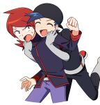  2boys anger_vein angry backwards_hat belt black_hat black_jacket black_pants boots chueog clenched_hand commentary_request cowlick ethan_(pokemon) gloves grey_belt grey_boots grey_gloves hand_up hat highres jacket korean_commentary long_hair long_sleeves male_focus multiple_boys pants poke_ball poke_ball_(basic) pokemon pokemon_heartgold_and_soulsilver red_hair silver_(pokemon) sweatdrop team_rocket team_rocket_uniform 