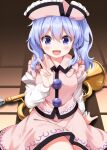  1girl blue_hair breasts commentary hair_between_eyes hat highres instrument juliet_sleeves long_hair long_sleeves looking_at_viewer medium_breasts merlin_prismriver on_floor open_mouth pink_hat pink_skirt pink_vest puffy_sleeves purple_eyes ruu_(tksymkw) sitting skirt skirt_set solo touhou trumpet v vest 