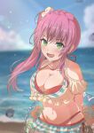  1girl :d aikawa_megumi aikawa_megumi_(neverending_summer) amayomiyu arms_behind_back bare_shoulders beach bikini blurry blurry_background blush braid breasts cleavage clothing_request collarbone commentary cowboy_shot crown_braid curvy day fang floating_hair floral_print frilled_bikini frills green_eyes hair_ornament hair_scrunchie halterneck happy heaven_burns_red highleg highleg_bikini large_breasts lens_flare long_hair looking_at_viewer navel ocean official_alternate_costume official_alternate_hairstyle open_mouth outdoors pink_hair red_bikini scrunchie side_ponytail sidelocks skin_fang smile solo swim_ring swimsuit tsurime twitter_username very_long_hair white_scrunchie 