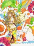  1girl absurdres bandaid bandaid_on_leg black_socks blonde_hair blush bottle bow bowtie brown_shoes closed_mouth colored_pencil_(medium) commentary_request dot_nose double-parted_bangs egg egg_(food) food fork frilled_skirt frills full_body hair_between_eyes hairband highres kneehighs long_hair looking_at_viewer orange_hairband original pleated_skirt shirt shoes short_sleeves skirt smile socks solo standing traditional_media uenae_chiyiro white_shirt yellow_bow yellow_bowtie yellow_eyes yellow_skirt 