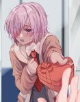  1girl 1other black_dress blurry blurry_background blush box breath brown_jacket clenched_hand colored_eyelashes commentary_request cowboy_shot depth_of_field dress eyelashes fate/grand_order fate_(series) gift hair_over_one_eye hand_up heart-shaped_box highres holding holding_gift incoming_gift indoors jacket looking_at_viewer mash_kyrielight medium_hair necktie nervous nervous_sweating one_eye_covered open_clothes open_jacket open_mouth outstretched_arm pov pov_hands purple_eyes purple_hair r5oaz red_necktie sleeves_past_wrists solo_focus sweat teeth upper_body upper_teeth_only valentine watermark 