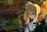  1girl acminaasonde blouse blue_overalls brown_eyes brown_hair chaos;child commentary_request crying dusk flat_chest foliage glasses hair_ribbon highres one_side_up outdoors overalls petite plant ribbon science_adventure shirt solo wheelchair white_ribbon white_shirt yamazoe_uki 