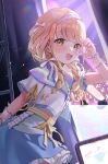  1girl absurdres birthday blonde_hair blue_skirt braid commentary_request dot_nose fang fujita_kotone gakuen_idolmaster hair_ribbon happy_birthday highres idol idolmaster kuroliu_9021 looking_at_viewer open_mouth ribbon shirt skirt smile solo stage twin_braids white_ribbon white_shirt wrist_cuffs yellow_eyes 