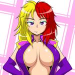  blonde_hair blush breasts center_opening chara_soon elbow_gloves eyeshadow gloves gundam gundam_zz hands_on_hips large_breasts light_smile lipstick long_hair makeup multicolored_hair purple_eyes purple_lipstick red_hair sideboob solo tsucky two-tone_hair 