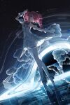  1girl absurdres ahoge arm_up backlighting bare_shoulders black_bow black_hole boots bow bu_bai_(wres2744) dancing detached_collar detached_sleeves dress drill_hair full_body fur-trimmed_gloves fur_sleeves fur_trim gloves hand_up highres kasane_teto looking_to_the_side pink_eyes red_hair reflection see-through_clothes see-through_dress short_sleeves sky sleeveless sleeveless_dress solo star_(sky) starry_sky strapless strapless_dress thighhighs tiptoes twin_drills utau white_dress white_gloves white_thighhighs 