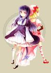  back-to-back bad_id bad_pixiv_id blonde_hair blue_hair bow bowtie cat_tail dress elbow_gloves faux_traditional_media frederica_bernkastel frills gloves graphite_(medium) hand_on_hip hat kneehighs lambdadelta lavender_eyes long_hair mary_janes multiple_girls norino_moto pink_hat red_eyes ribbon shoes short_hair striped striped_legwear tail tail_ribbon traditional_media umineko_no_naku_koro_ni watercolor_(medium) 