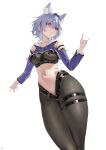  1girl absurdres animal_ears azur_lane bare_shoulders breasts clothing_cutout commentary_request crop_top cropped_jacket dead_or_alive dead_or_alive_xtreme dead_or_alive_xtreme_venus_vacation expressionless fishnet_pantyhose fishnets fox_ears fox_girl fox_shadow_puppet hair_between_eyes hand_up highleg highres hip_focus hood hooded_jacket jacket kuuhaku_(pskf2372) medium_breasts medium_hair missing_tail multiple_thigh_straps navel pantyhose purple_eyes purple_hair purple_jacket shizuku_(doa) shoulder_cutout skindentation solo stomach thigh_strap thighs 