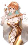  1girl :p absurdres ayrinsama breasts card cleavage colored_inner_hair commentary cowboy_shot dress earrings english_commentary feather_earrings feathers fur_shawl gold_choker gold_dress golden_week gradient_hair green_hair highres holding holding_card hololive hololive_english jewelry large_breasts long_hair looking_at_viewer multicolored_hair navel orange_hair purple_eyes shawl simple_background takanashi_kiara tongue tongue_out virtual_youtuber white_background 