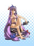  :&lt; barefoot bikini book diving_mask diving_mask_on_head feet front-tie_top halftone halftone_background highres long_hair o-ring o-ring_bottom o-ring_top patchouli_knowledge purple_eyes purple_hair sitting snorkel solo striped striped_bikini swimsuit touhou very_long_hair yuuzii 