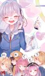  6+girls absurdres aikawa_megumi asakura_karen_(heaven_burns_red) blue_shirt commentary_request earpiece glasses green_eyes grey_hair hair_tie heart heaven_burns_red highres izumi_yuki kayamori_ruka kunimi_tama long_hair looking_at_viewer multiple_girls myth_saka open_mouth shirt toujou_tsukasa 