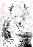  1girl arknights arknights:_endfield armpits belt breasts bullet cleavage commentary curled_horns demon_horns detached_collar dress elbow_sleeve gloves hair_intakes hasukurira highres horns laevatain_(arknights) medium_breasts parted_lips purple_eyes ribbon smile solo spot_color surtr_(arknights) swept_bangs upper_body 