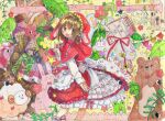  1girl :d apron bear blush brown_eyes brown_hair capelet colored_pencil_(medium) commentary_request double-parted_bangs feet_out_of_frame frilled_apron frilled_capelet frilled_skirt frills hair_between_eyes hand_up highres hood hood_up hooded_capelet leaf long_sleeves looking_at_viewer open_mouth original red_capelet red_ribbon red_skirt ribbon shirt short_hair skirt smile solo sparkle standing traditional_media uenae_chiyiro v white_apron white_shirt 