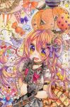  1girl :d absurdres balloon black_choker black_dress blush bow choker colored_pencil_(medium) commentary_request dot_nose double-parted_bangs dress ghost hair_between_eyes hair_bow halloween hands_up highres index_finger_raised jack-o'-lantern long_hair looking_at_viewer open_mouth original pink_hair purple_bow short_sleeves smile solo traditional_media uenae_chiyiro upper_body yellow_eyes 