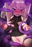  1girl animal_ears armpits arms_up bare_shoulders black_eyes blonde_hair blush bottomless breasts cellien_(kemono_friends) drooling empty_eyes extra_ears grabbing_another's_breast groping highres kemono_friends lactation large_breasts long_hair looking_at_viewer masuyama_ryou medium_hair navel nipple_stimulation nipple_tweak nipples nose_blush open_mouth projectile_lactation pussy_juice restrained saliva saliva_trail shirt sleeveless slime_(substance) solo stomach sweat tentacle_pit tentacle_sex tentacles torn_clothes torn_shirt unaligned_breasts v-shaped_eyebrows white_rhinoceros_(kemono_friends) 