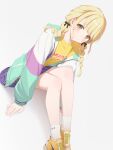  1girl absurdres bare_legs black_ribbon blonde_hair blue_skirt blush braid commentary fujita_kotone gakuen_idolmaster hair_ribbon highres idolmaster invisible_chair jacket long_hair looking_at_viewer multicolored_jacket plaid_clothes plaid_skirt ribbon shirt shoes sitting skirt smile socks solo twin_braids white_socks yellow_eyes yellow_shirt yellow_shoes yyyyy' 