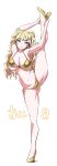  1girl bikini blonde_hair breasts cleavage commentary_request countdown full_body gold_bikini gold_shorts grey_eyes highres kantai_collection large_breasts long_hair looking_at_viewer minneapolis_(kancolle) simple_background solo split standing standing_on_one_leg standing_split swimsuit tamu_(mad_works) two_side_up wavy_hair white_background 