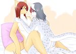  breasts butt canine diva duo feline female fox hair holding lesbian looking_at_viewer mammal nude pillow purple_eyes red_eyes red_hair sitting 