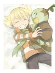  1boy ^_^ absurdres bag barry_(pokemon) black_pants blonde_hair blush border brown_bag closed_eyes green_scarf grin highres holding holding_pokemon jacket long_sleeves lying male_focus on_back outdoors pants pokemon pokemon_(creature) pokemon_diamond/pearl/platinum scarf short_hair shoulder_bag smile snow snowing striped_clothes striped_jacket teeth turtwig tyaui_(xjju4435) white_border 