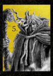  1boy asymmetrical_horns black_border border cane commentary_request countdown countdown_illustration elden_ring frown greyscale_with_colored_background hand_on_cane highres horns horns_on_eye_sockets margit_the_fell_omen mismatched_horns multiple_horns rags signature solo tobita_nikiichi uneven_horns yellow_background 