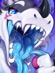 2026 anthro bedroom_eyes black_horn blue_claws blue_eyes blue_gums blue_insides blue_mouth blue_tongue claws dragon facial_horn fur furred_dragon furred_scalie grey_body grey_fur headshot_portrait hi_res horn kemono male mouth_shot mythological_creature mythological_scalie mythology narrowed_eyes nose_horn open_mouth open_smile portrait scalie seductive sharp_teeth smile solo teeth tianhua tongue white_body white_fur