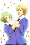  1girl bad_id bad_pixiv_id blonde_hair blue_eyes blue_jacket dancing formal green_eyes huang_baoling jacket keith_goodman necktie oui_lion ouran_high_school_host_club parody petals short_hair suit tiger_&amp;_bunny 