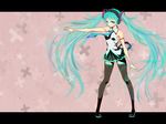  aqua_eyes aqua_hair bare_shoulders hatsune_miku headphones highres letterboxed long_hair nail_polish necktie outstretched_arm pigeon-toed sakuu skirt solo thighhighs twintails very_long_hair vocaloid vocaloid_(lat-type_ver) 