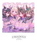  4girls ahoge amadare_rak animal_ears black_hair blonde_hair blue_eyes bow bowtie brown_hair closed_mouth commentary_request drawn_heart ear_covers ear_ornament eishin_flash_(umamusume) english_text fang gradient_hair grey_hair hair_over_one_eye headphones headphones_around_neck highres horse_ears horse_girl long_hair long_sleeves looking_at_viewer medium_hair multicolored_hair multiple_girls one_eye_covered open_mouth parted_bangs purikura rose_kingdom_(umamusume) rulership_(umamusume) school_uniform short_hair single_ear_cover skin_fang smile streaked_hair tracen_school_uniform translation_request umamusume victoire_pisa_(umamusume) white_bow white_bowtie winter_uniform 