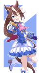  1girl absurdres animal_ears ascot asymmetrical_gloves blue_eyes blue_gloves blush boots brown_hair buttons cape double-breasted ear_ribbon epaulettes gloves hair_between_eyes highres horse_ears horse_girl horse_tail jacket long_hair long_sleeves looking_at_viewer mismatched_gloves multicolored_hair multicolored_jacket one_eye_closed open_mouth pink_ascot pointing pointing_at_viewer ponytail red_cape single_epaulette single_hair_streak skirt smile solo standing standing_on_one_leg streaked_hair tail tokai_teio_(peak_joy)_(umamusume) tokai_teio_(umamusume) two-tone_hair two-tone_jacket two-tone_skirt umamusume white_boots white_gloves white_hair white_jacket white_skirt white_streaks xiaofeng 