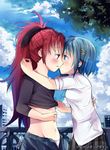  bad_id bad_pixiv_id blue_eyes blue_hair blush gleision_adain hair_ornament hair_ribbon hairclip imminent_kiss long_hair mahou_shoujo_madoka_magica midriff miki_sayaka multiple_girls navel open_clothes open_skirt panties ponytail profile red_eyes red_hair ribbon sakura_kyouko shirt_lift short_hair skirt underwear undressing yuri 