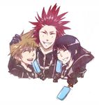  2boys a5_arashi axel_(kingdom_hearts) black_coat_(kingdom_hearts) black_hair blonde_hair cloak closed_eyes facial_mark food gloves ice_cream kingdom_hearts kingdom_hearts_358/2_days multiple_boys red_hair roxas short_hair xion_(kingdom_hearts) 