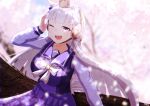  1girl animal_ears blunt_bangs blush bow bowtie breasts brown_hat cherry_blossoms ear_bow ear_ribbon gold_ship_(umamusume) grey_hair hat horse_ears horse_girl horse_tail large_breasts long_hair looking_at_viewer one_eye_closed open_mouth outdoors pillbox_hat pleated_skirt purple_bow purple_eyes purple_sailor_collar purple_serafuku purple_shirt purple_skirt sailor_collar sailor_shirt school_uniform serafuku shirt skirt smile solo tail tracen_school_uniform umamusume white_bow white_bowtie yarukinaine_vir 