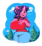  5_fingers anthro anthrofied big_breasts breasts clothed clothing cloud colored_nails digital_media_(artwork) equine female fingers friendship_is_magic fully_clothed fur hair hand_on_face hi_res horn looking_at_viewer mammal my_little_pony open_mouth open_smile outside pink_fur purple_eyes purple_hair raised_arm sky smile smutbooru solo standing teeth tongue tree unicorn 