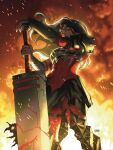  1girl absolute_dc absolute_wonder_woman amazon_warrior arm_wrap dc_comics highres holding holding_sword holding_weapon huge_weapon lifting_object red_tattoo solo superhero_costume sword tattoo tattoo_sleeve taurin_clarke weapon wonder_woman wonder_woman_(absolute_dc) 