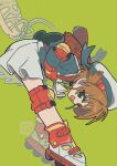  1girl 87_0chan absurdres backpack bag bent_over brown_hair cardcaptor_sakura commentary elbow_pads fingerless_gloves gloves green_background green_eyes hair_bobbles hair_ornament hat hat_ribbon highres inline_skates kinomoto_sakura knee_pads leaning_forward looking_at_another neckerchief open_mouth randoseru ribbon roller_skates school_uniform serafuku skates skirt smile solo tomoeda_elementary_school_uniform two_side_up 