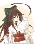  1girl :d ahoge alternate_breast_size_(smaller) bad_id bad_twitter_id brown_eyes brown_hair flat_chest floral_print floral_print_kimono food food_request green_ribbon hair_ribbon hand_up holding holding_food huge_ahoge japanese_clothes kaginoni kimono long_hair long_sleeves messy_hair open_mouth print_kimono red_sash reiuji_utsuho ribbon sash smile solo touhou upper_body white_kimono wide_sleeves 