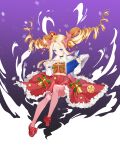  1girl \||/ absurdres adapted_costume beatrice_(re:zero) bell black_choker blonde_hair blue_eyes book bow butterfly-shaped_pupils capelet choker christmas closed_mouth collarbone commentary crown cup dress dress_bow drill_hair footwear_bow forehead frilled_dress frills full_body fur-trimmed_capelet fur_trim green_bow hands_up highres holding holding_book holding_cup knee_up long_hair long_sleeves looking_at_viewer mini_crown munzi_pangpang neck_bell open_book parted_bangs pink_thighhighs purple_background re:zero_kara_hajimeru_isekai_seikatsu red_bow red_dress red_shoes shoe_soles shoes sidelocks simple_background snowflakes solo striped_bow symbol-shaped_pupils teacup thighhighs twin_drills twintails v-shaped_eyebrows very_long_hair white_capelet 