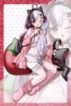  1girl absurdres ahoge alternate_costume animal_ear_headphones animal_ears black_choker black_hair breasts cat_ear_headphones cat_ears choker commentary_request fake_animal_ears headphones highres lacrimosa_(neverness_to_everness) looking_at_viewer multicolored_hair neverness_to_everness one_eye_closed open_mouth red_eyes siranami_eight small_breasts solo split-color_hair twintails white_hair 
