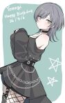  1girl bang_dream! bang_dream!_our_notes black_choker black_dress blush choker commentary dated dress fishnet_pantyhose fishnets garter_straps grey_hair happy_birthday highres looking_at_viewer medium_hair o-ring o-ring_choker o3z3c off-shoulder_dress off_shoulder pantyhose single_leg_pantyhose sleeves_past_wrists solo untranslatable_commentary wolf_cut yakura_yomogi 